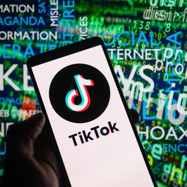 Hand holding a phone with the TikTok app open - words surrounding the phone include 'misinformation', 'fake', propaganda